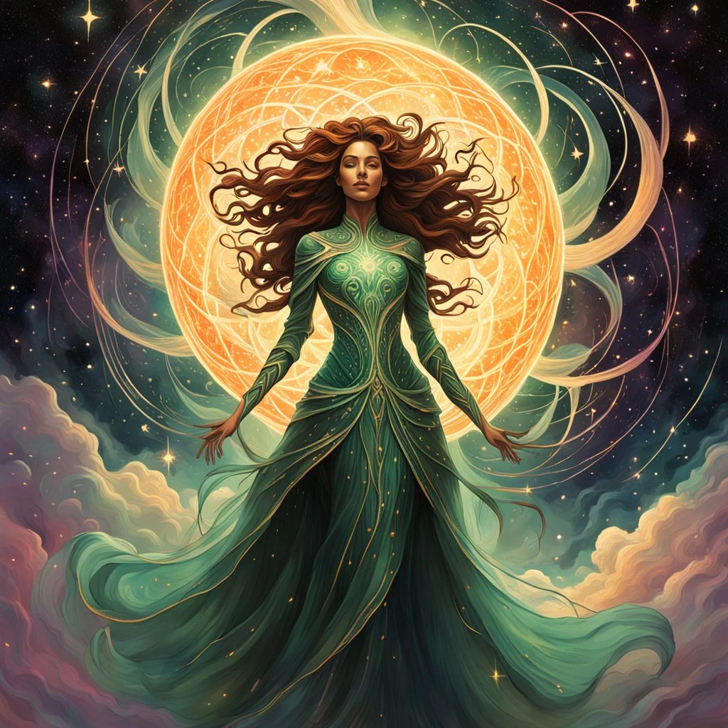 create a full body haunted celestial female entity, enshrouded in a gaseous cluster of stars, with highly detailed, sharply lined facial features, , finely drawn, boldly inked, in soft celestial colors, otherworldly, ethereal, and majestic in the style of Peter Mohrbacher