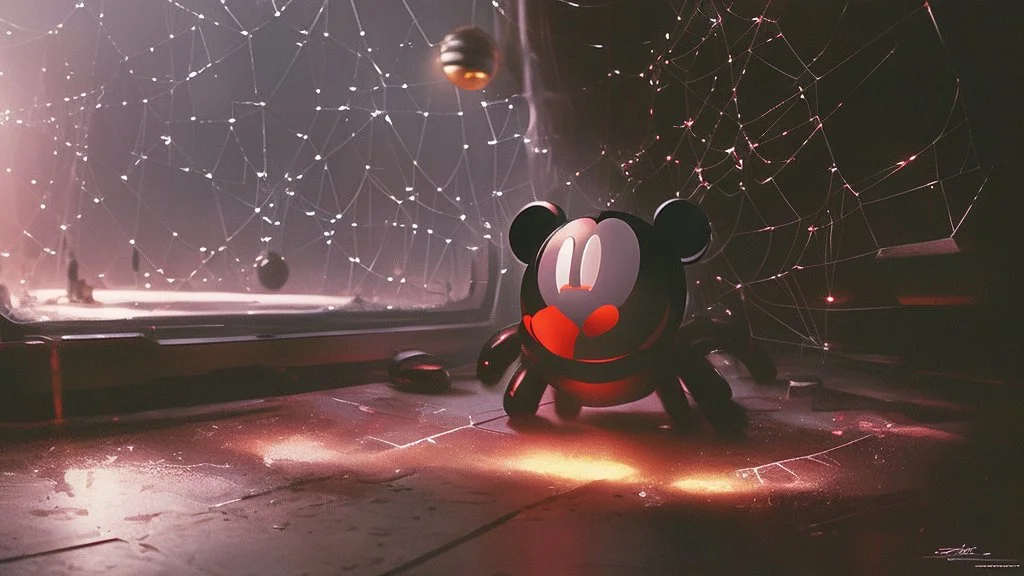 a spider mickey mouse hybrid, photorealism, movie screen capture, horror, sci-fi, retrofuturism,