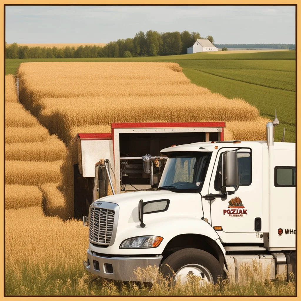 Side Door of a white truck with a logo for a wheat farm that features a tractor and wheat with text: "Pozniak Farms"