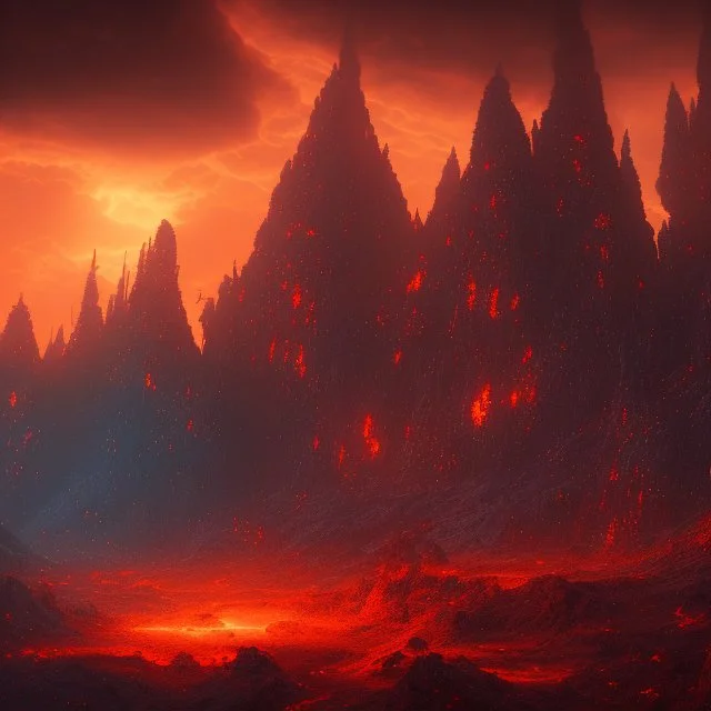 dynamic lighting, Intricately detailed, deep color, Unreal Engine, volumetric lighting, Hell landscape, Hell concept art, Hell fantasy artwork, Mountains, nightsky, orange, red, nebulae, fields, abandoned buildings,