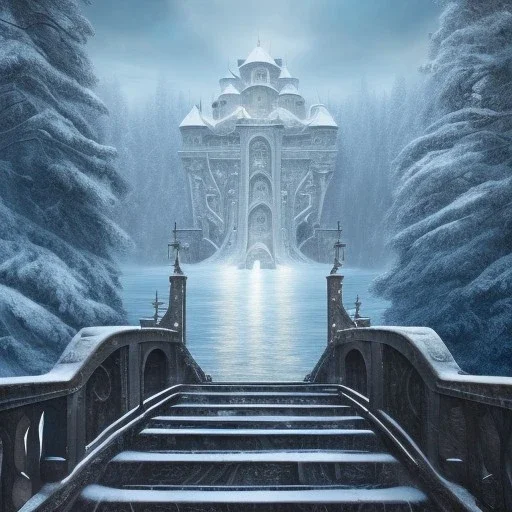 fantasy art, book illustration, wizard up the stairs of a bridge or dam ,icy water, on the bridge is a wolf,seen from the tree tops