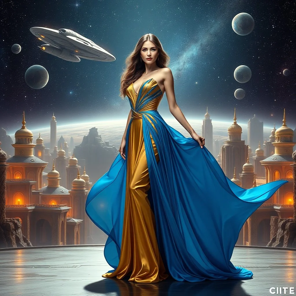 A breathtaking cosmic fantasy scene featuring a stunningly realistic beautiful woman with a perfect face and sculpted figure standing gracefully on an open stage of a floating CIFI town with Space craft landed over it. Surrounding her are CIFI buildings in deep space. She wears an elegant flowing gown in vibrant blue-gold hues that billow around her perfect form.