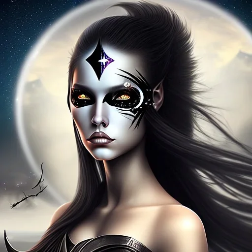 black long hair lady warrior top black eyes under the Stars