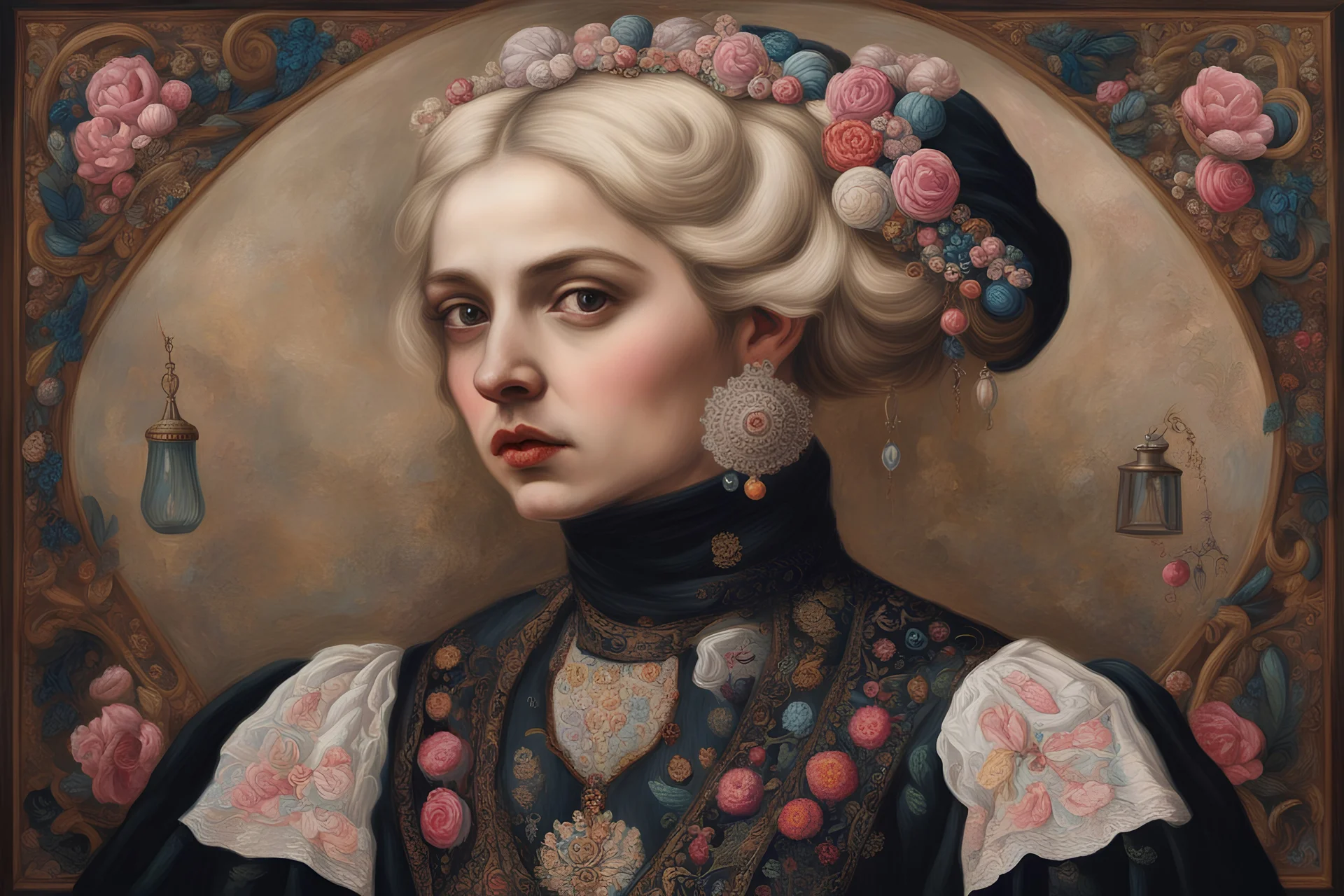 Austrian simbolism, a beautiful dark victorian girl blonde iranian ACTRESS, wears a Surrealist Armenian embroidered avant-gard fashion, ornamental details,caravaggism, with bubblegum, oil painting