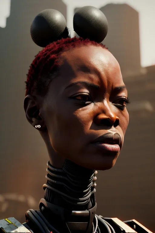 portrait,beautiful african robot, post-apocalyptic in a cyberpunk city, realistic, intriacte detail, sci-fi fantasy style, volumetric lighting, particales,highly detailed,cinamatic, deep colours,8k