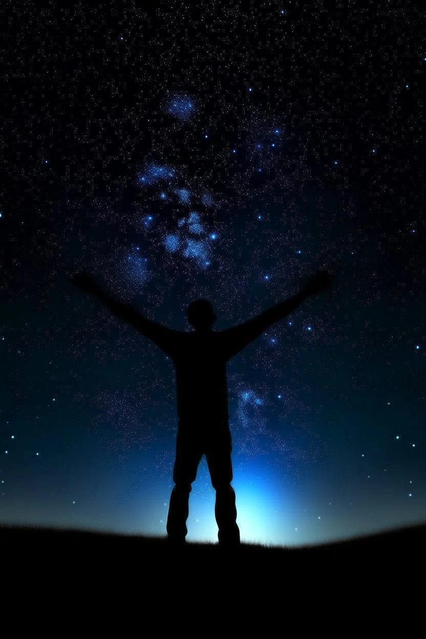 The outline of a figure stretching his arms towards the sky. In the sky, the stars are all in nature.