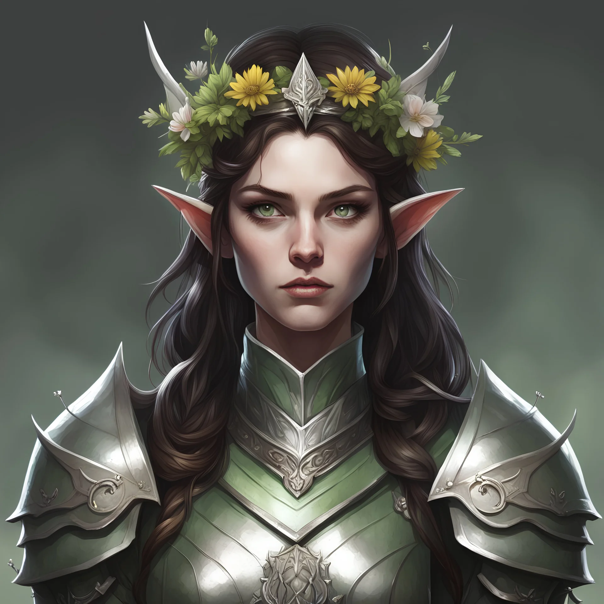 Generate a dungeons and dragons character of a female wood elf cleric of death domain with dark brown hair, pale skin and green eyes. She looks gloomy and threatening. She wears an elvish silverplate armor and a crown of flowers and herbs