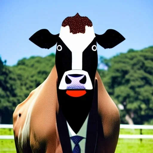 A cow wearing a suit and tie