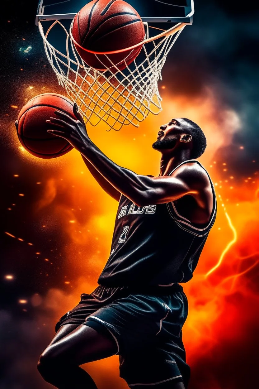 8k, highly realistic and detailed image of a NBA basketball player in action dunking the ball in the net, sweaty hair, screaming look,action and smoke and flames background