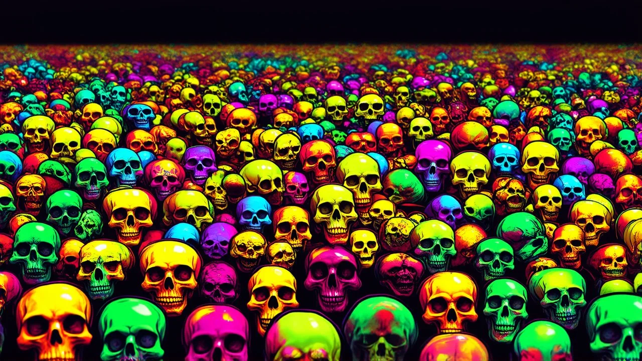 a field of 1000s of cartoonish, anatomically correct, skulls, vivid RANDOM BRIGHT neon colors, dark comedy, well lit, high detail, photorealistic, horrorcore, fun, scary, none featured, each a different color or hue,