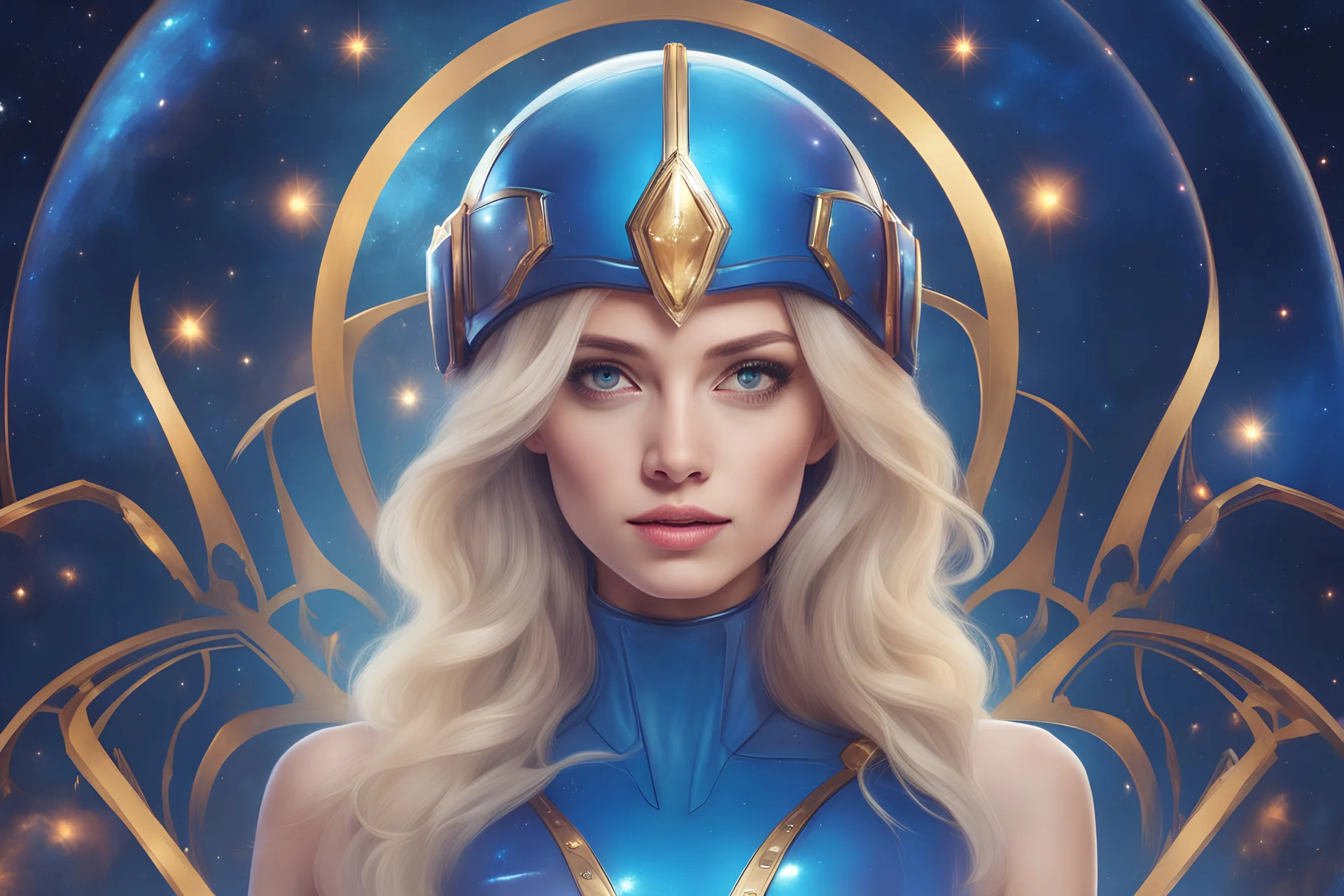 cosmic cyberg beautiful cute ) ((girly women very long blond blue lizzy hair)), full body, (slim elegant cosmic crown jewels),(( blue eyes )),((( smiling))) (realistic cosmic low cut blue suit),(starship on face ground level starship background on foot)