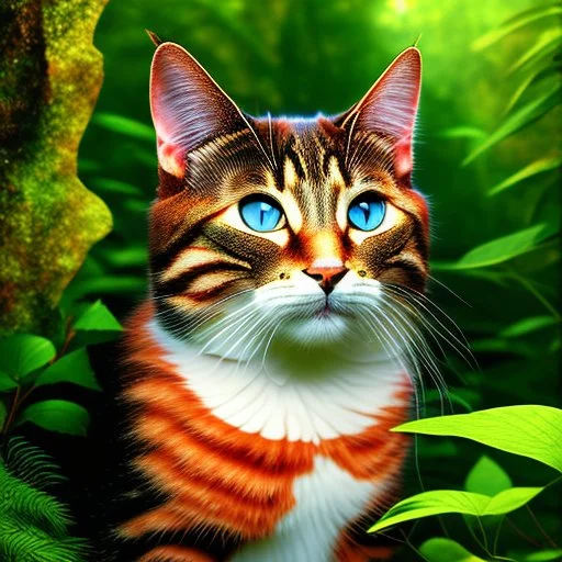 Imágen de arte lineal de un gato humanoide, en la selva, calidad ultra, hiperdetallado, 8k, colores complementarios