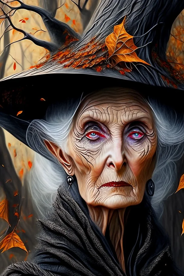 Old White-haired Witchery Witch in her pointed hat ready for the Coven in rusty autumn leaves and silver cobwebs. with burnished browns and abyss black.