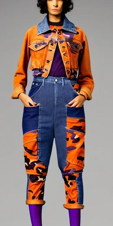 Model, woman. sérigraphie on denim with orange,terracotta, cream and purple colors. Camouflage patterns are screen printed on denim. Brunette woman in her 30's. thick thighs, thick calves, flat belly, wide hip. Mantle is sewed of recycled Denim and sewed together of camouflage pieces. It is with big bright purple felt tippet and cream-colored-hood. mantle is merged with satchel. Style: Haute Couture in 1920's and 1990's in New York. Paris in 2023