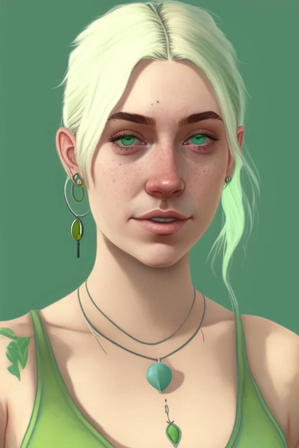 Realistic young woman, neck length white blonde hair in a half ponytail, pale skin, light blue-grey eyes, freckles, big boobs, big green earrings, green and gold necklace, green tank-top with blue overalls on top, grey plant tattoo on arm