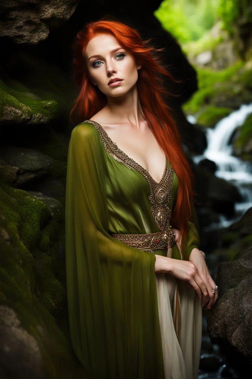 Close UP, delicate, cute, soft, skinny belly red haired Young lady, Green eyes , cave waterfall, medieval