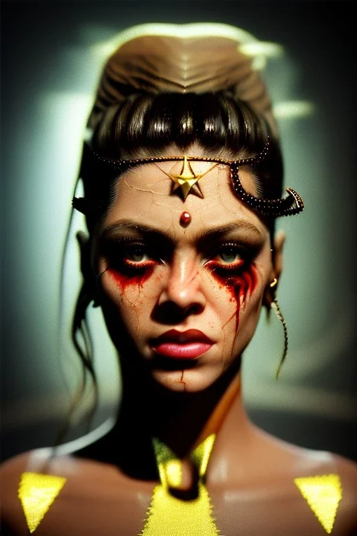 portrait, Shakira, make-up, angry, Realistic image, superhero, retro, dc style, gold make-up, blood, sweat, fog, goddess. Black background, photo studio, concept art, smooth, unreal engine 5, god lights, ray tracing, RTX, lumen lighting, ultra detail, volumetric lighting, 3d, finely drawn, high definition, 4k.