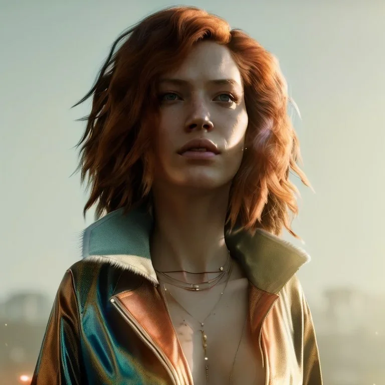 A beautiful portrait of a cyberpunk woman with lot's of grain on her skin red head with natural hair flying in the wind cyborg smiling facing camera orange color scheme, high key lighting, volumetric light high details with white stripes and feathers unreal 5, octane render, cinema4d, dynamic lighting, dramatic lighting, 4k, redshift render, highly detailed, hyper realistic