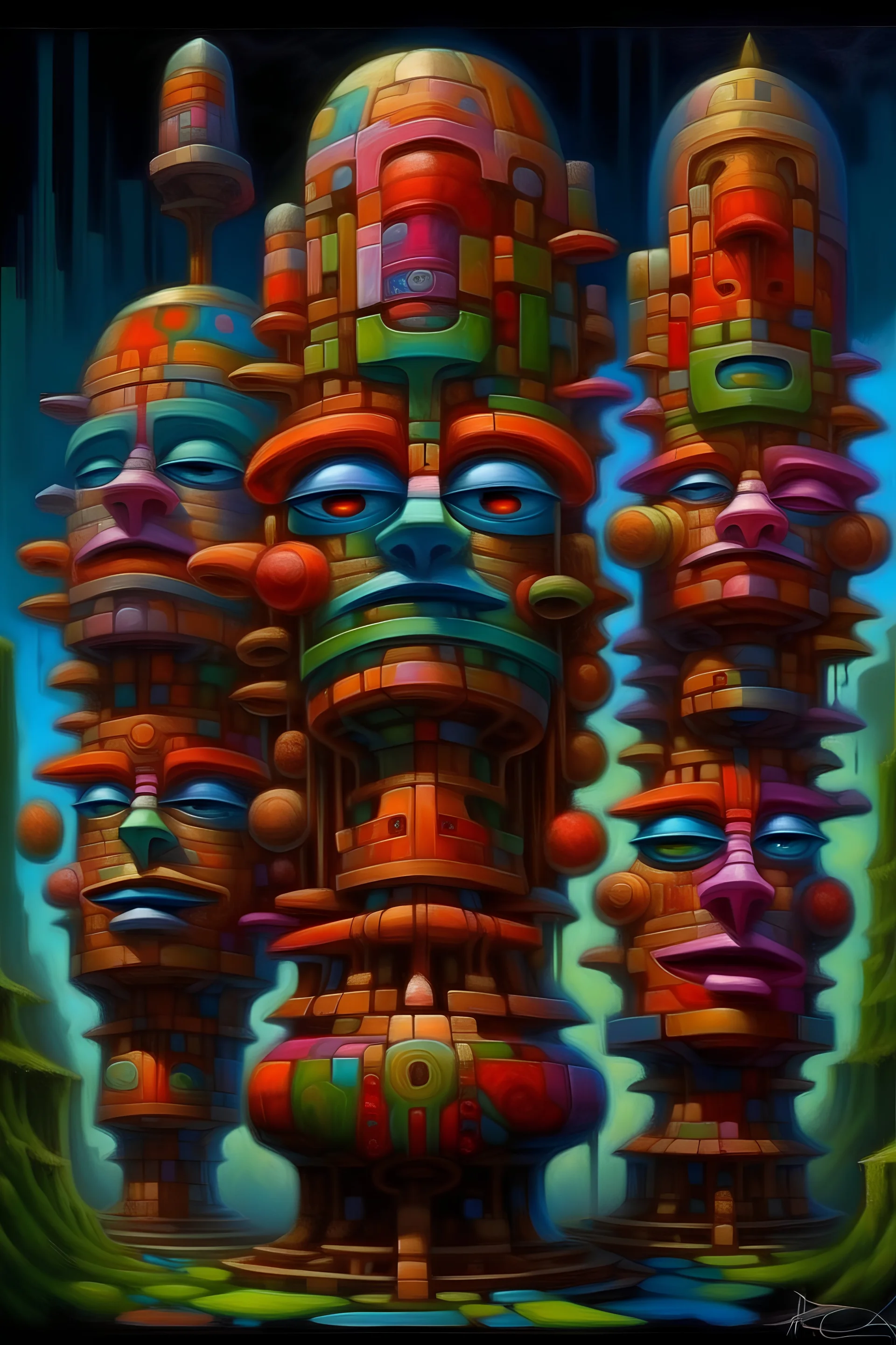 a painting of a tribal tiki totem, a surrealist painting by Naoto Hattori, Roger Dean, Pablo olivera and Stanisław Lem and Paul Lehr, by Beeple, by Makoto Shinkai and Lois van baarle, trending on deviantart, pop surrealism, lowbrow, grotesque, whimsical