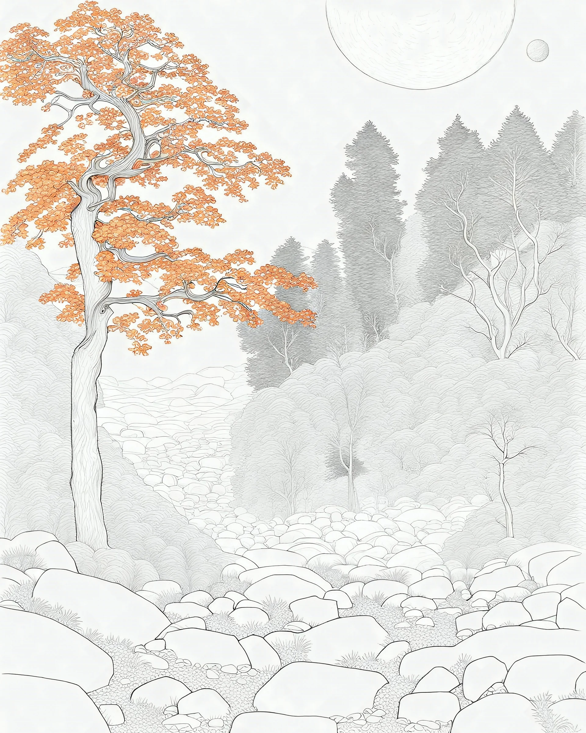 Autumn colors, peaceful, Egon Schiele, Max Ernst, night sky filled with galaxies and stars, rocks, trees, flowers, one-line drawing, sharp focus, 8k, deep 3d field, intricate, ornate, one million strokes