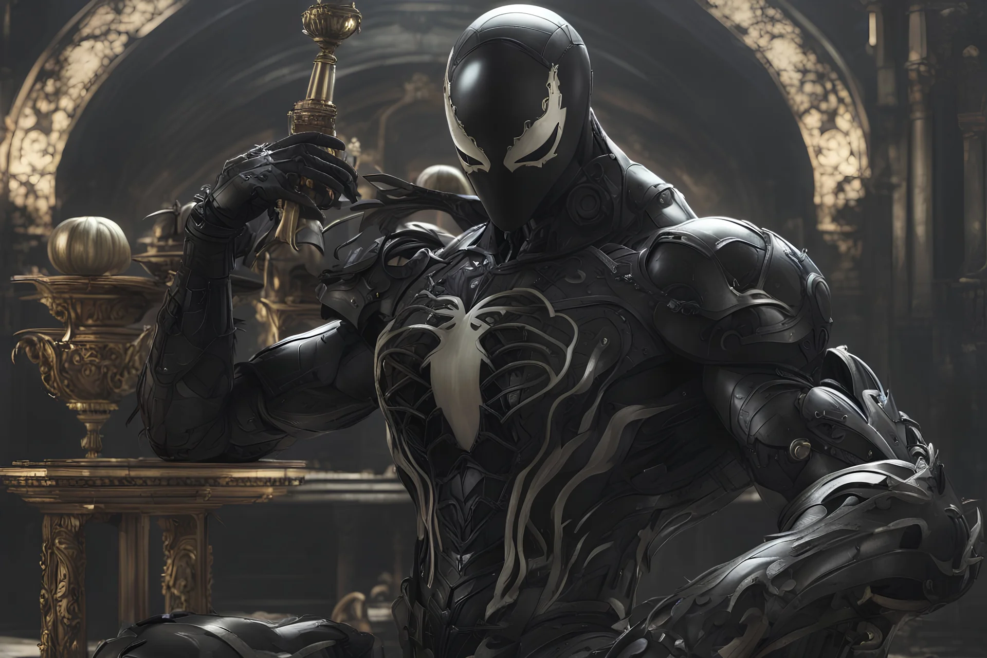 Venom machine in nier automata artstyle, halloween them, , close picture, fantasy world, intricate details, highly detailed, high details, detailed portrait, masterpiece,ultra detailed, ultra quality