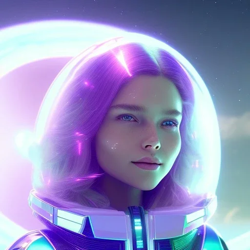 A portrait of a transparent crystalline girl,smiling, longs blond hairs, green eyes, galactic dress, atmospheric, realistic, cinematic lighting, octane render, purple and blue sky, nebula, stars, planets in background, spaceship in background