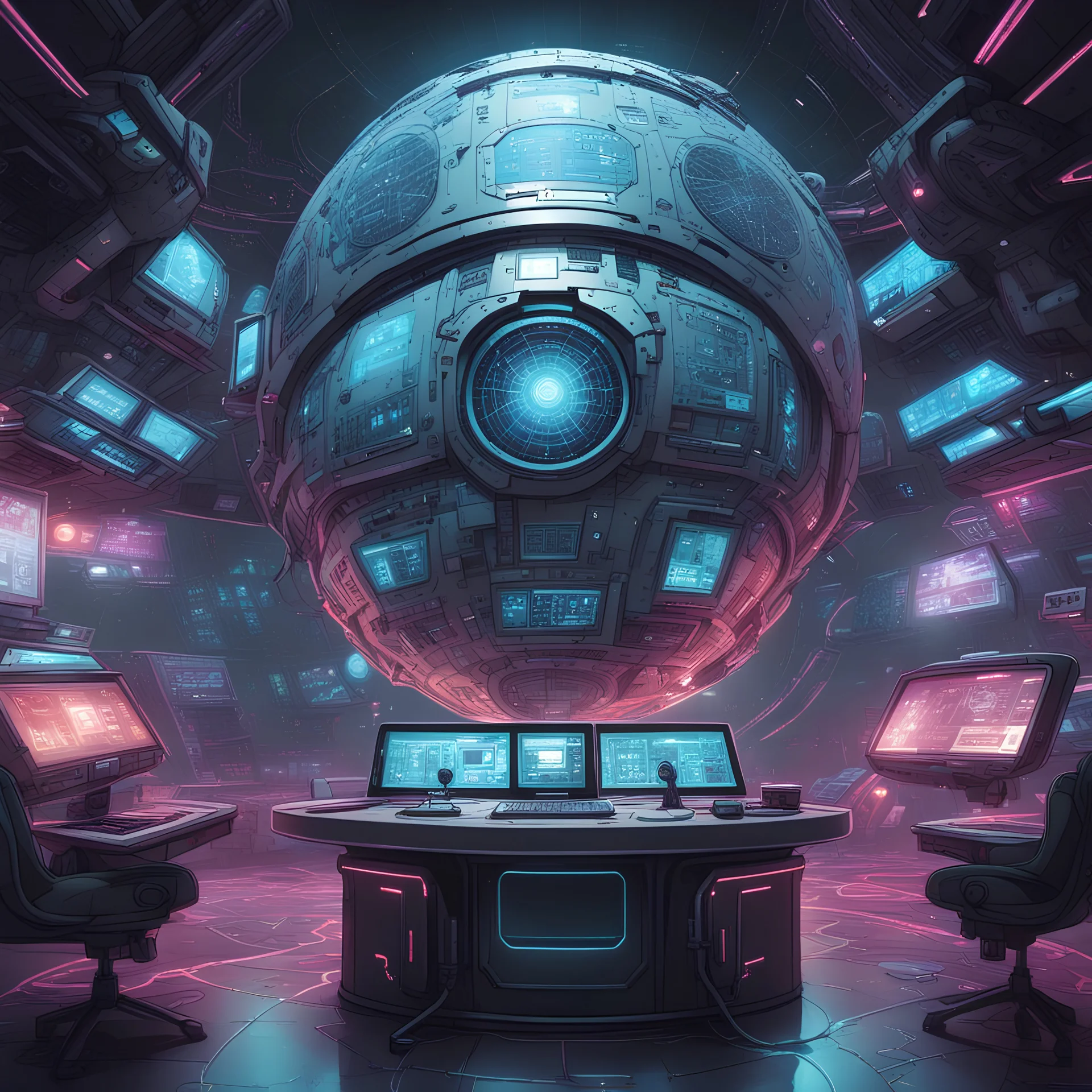 The large command center with network sphere in center cyberpunk comics style