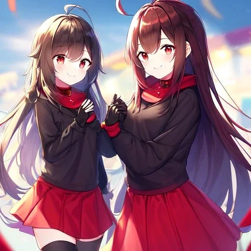 Clear focus,High resolution,High quality, Smiling, Black hoodie with a red collar, Wearing a red skirt, Wearing black long socks, Black Long hair with a ahoge, Red eyes, Wearing black gloves