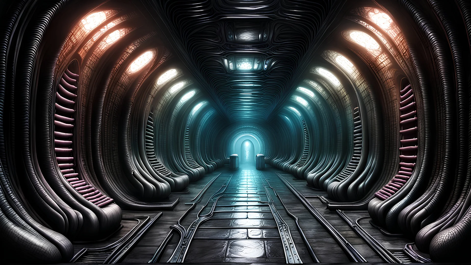 Colored HR Giger inspired interior tunnel environment
