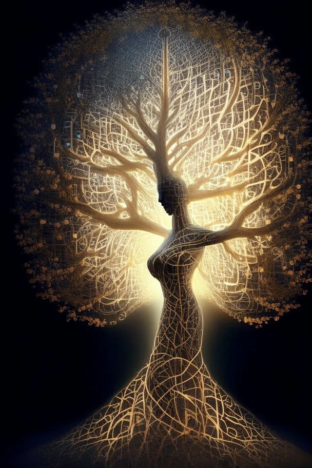 a tree made of equations turning into a goddess of light