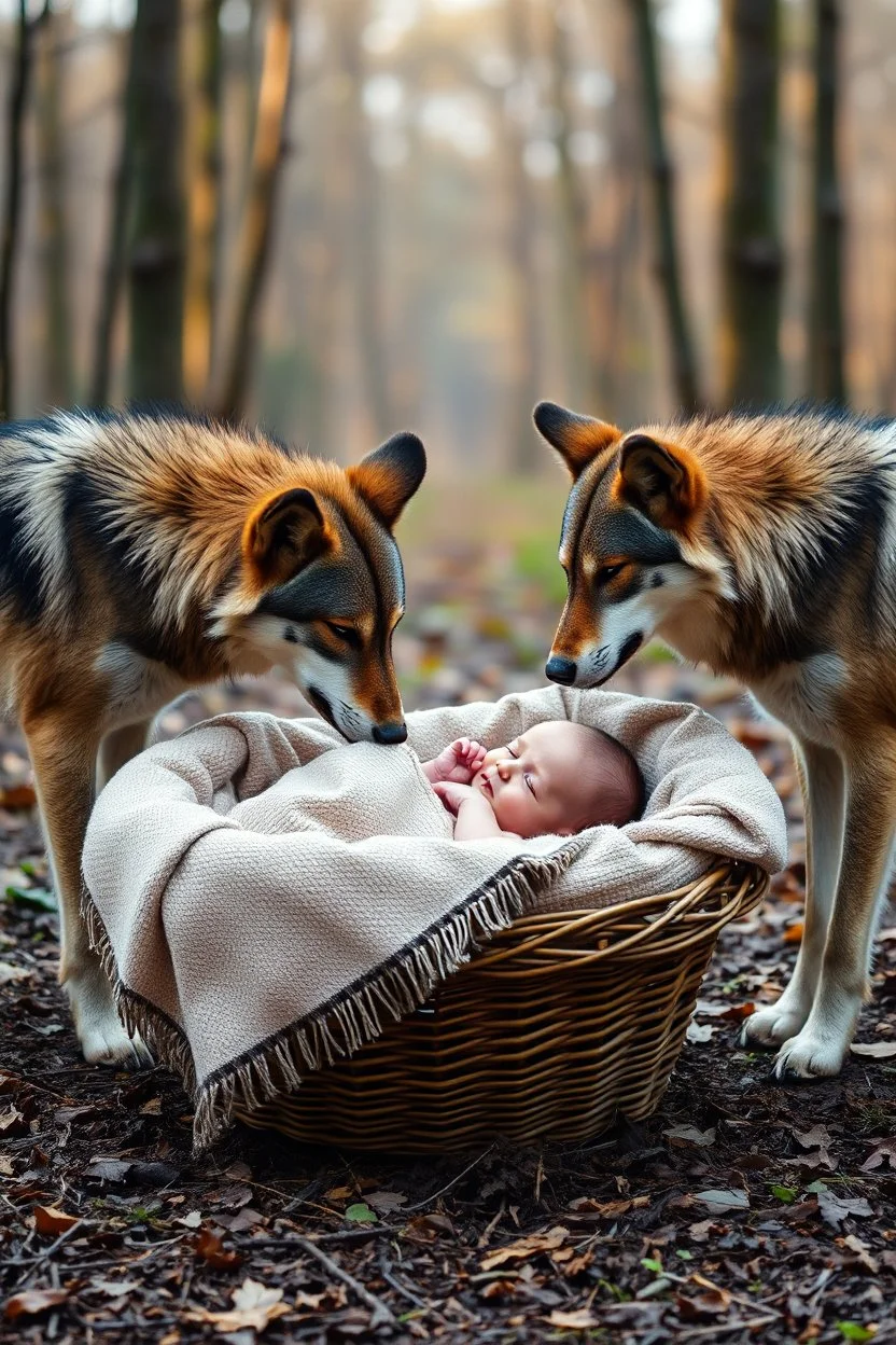 A baby sleeping in a basket covers by a blanket in the middle of a forest . Two wolfs standing by the basket sniffing the baby face