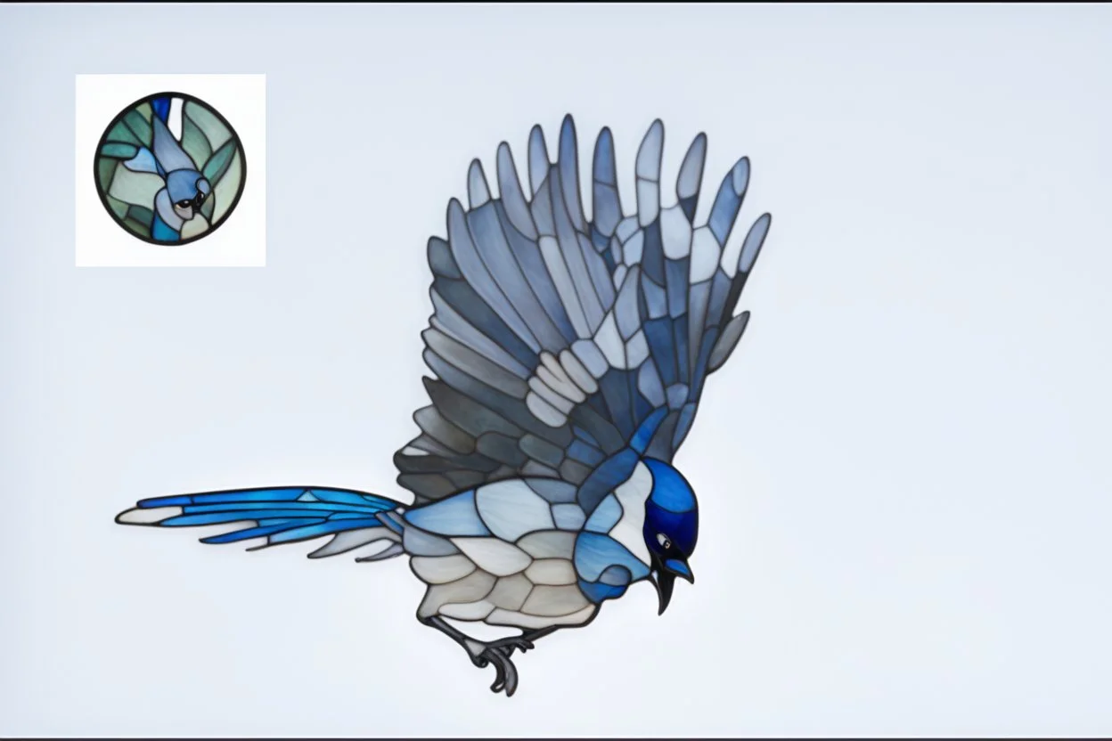 vitrail d'un geai bleu ailes déployées art déco d'après mucha