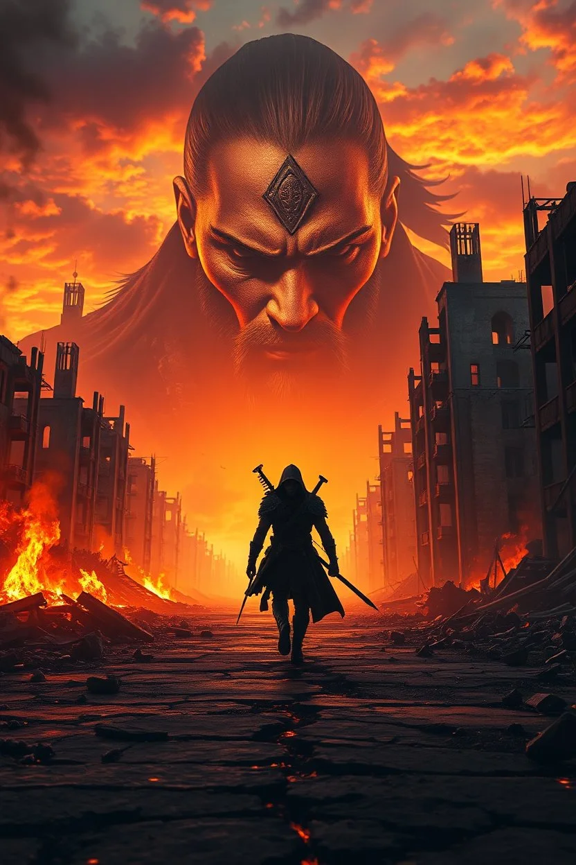 A lone warrior walks through a destroyed, apocalyptic city engulfed in fire and chaos, with burning ruins and collapsed buildings on both sides. The ground is cracked and glowing with embers. A dramatic sunset sky with fiery orange and smoky clouds sets the tone. In the background, a massive, semi-transparent portrait of the same warrior’s face dominates the scene, symbolizing strength, vengeance, and destiny. Ultra-realistic, highly detailed, cinematic lighting, epic composition, 8K HDR, dark a