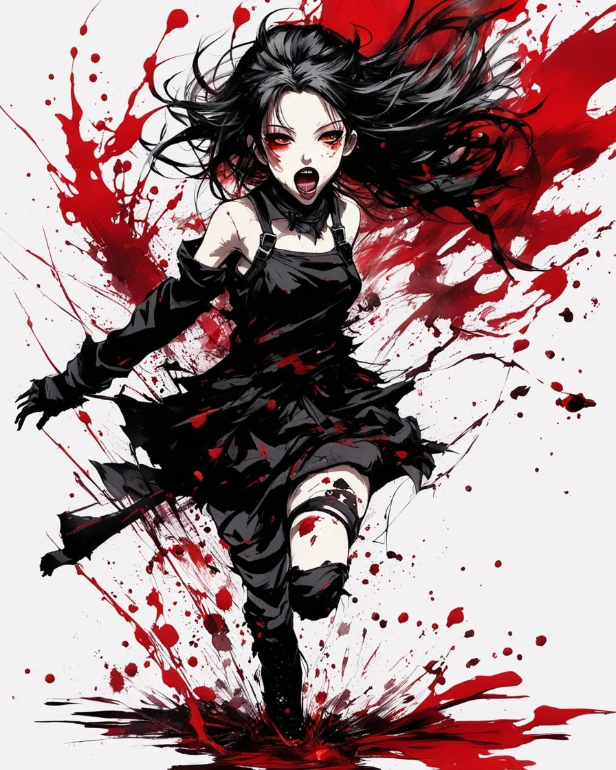 Petit girl goth, run pose, fullbody, splashes blood, behind guts rising from the ground, illustration by <Yoji Shinkawa>, darkred tones,