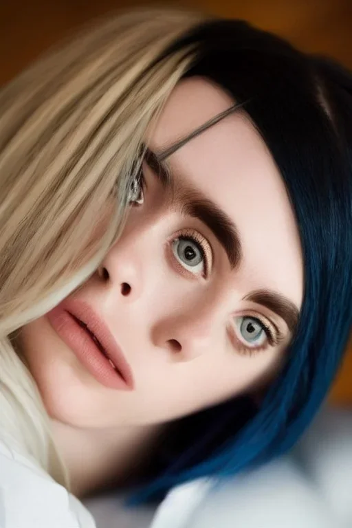 Billie Eilish, full body, on the bed, pale skin, high detail, realistic, 8k, not to be distinguished from a photo, identical pupils