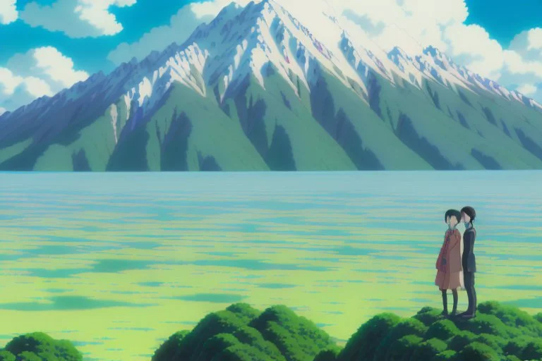 An inspiring shot of Yui and Toshi, standing defiantly against a vista of biodomes, mountain ranges, and the encroaching desert. Their stance reflects a newfound resolve and understanding of their symbiotic relationship with nature.