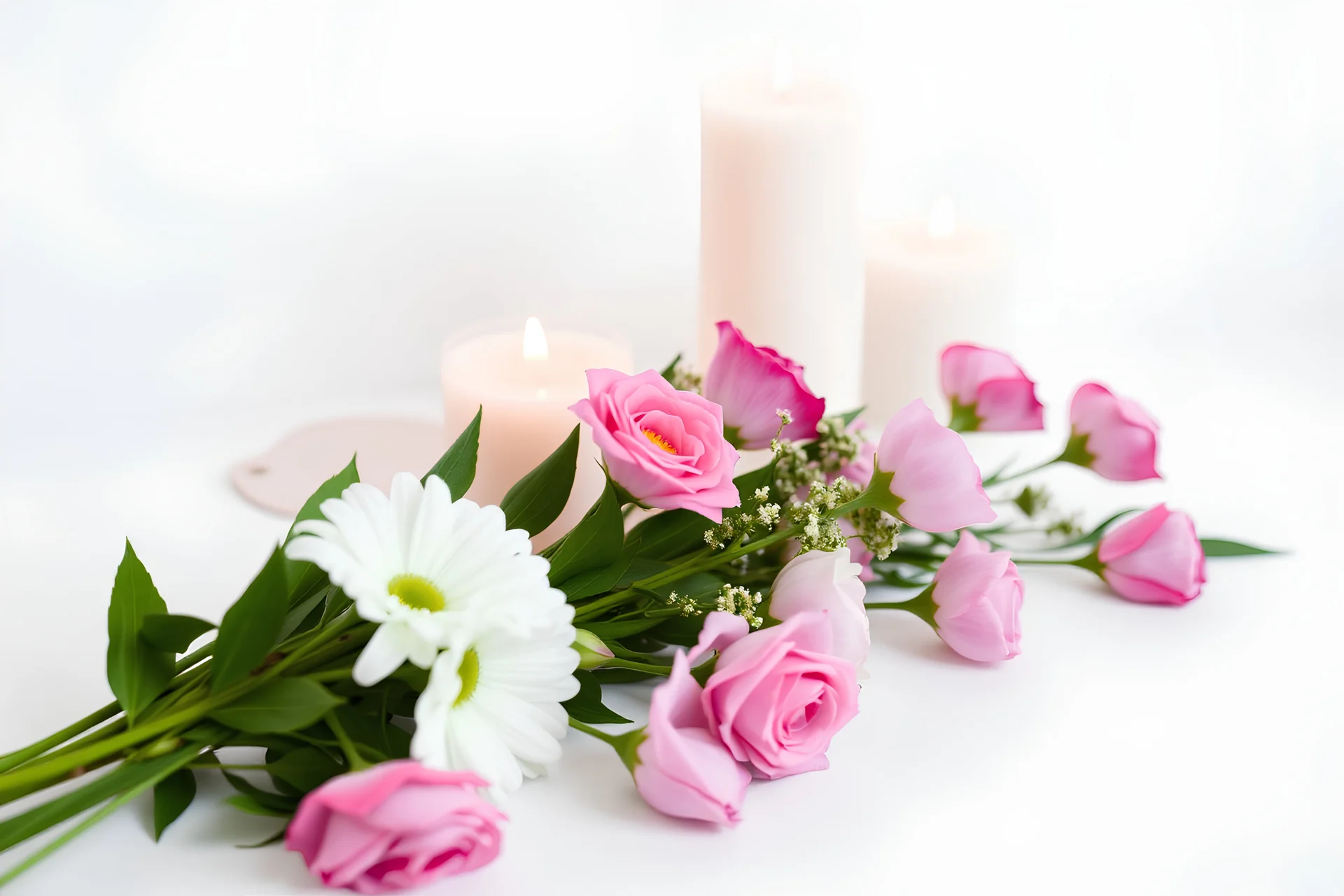 flowers and candles on white background stock photo