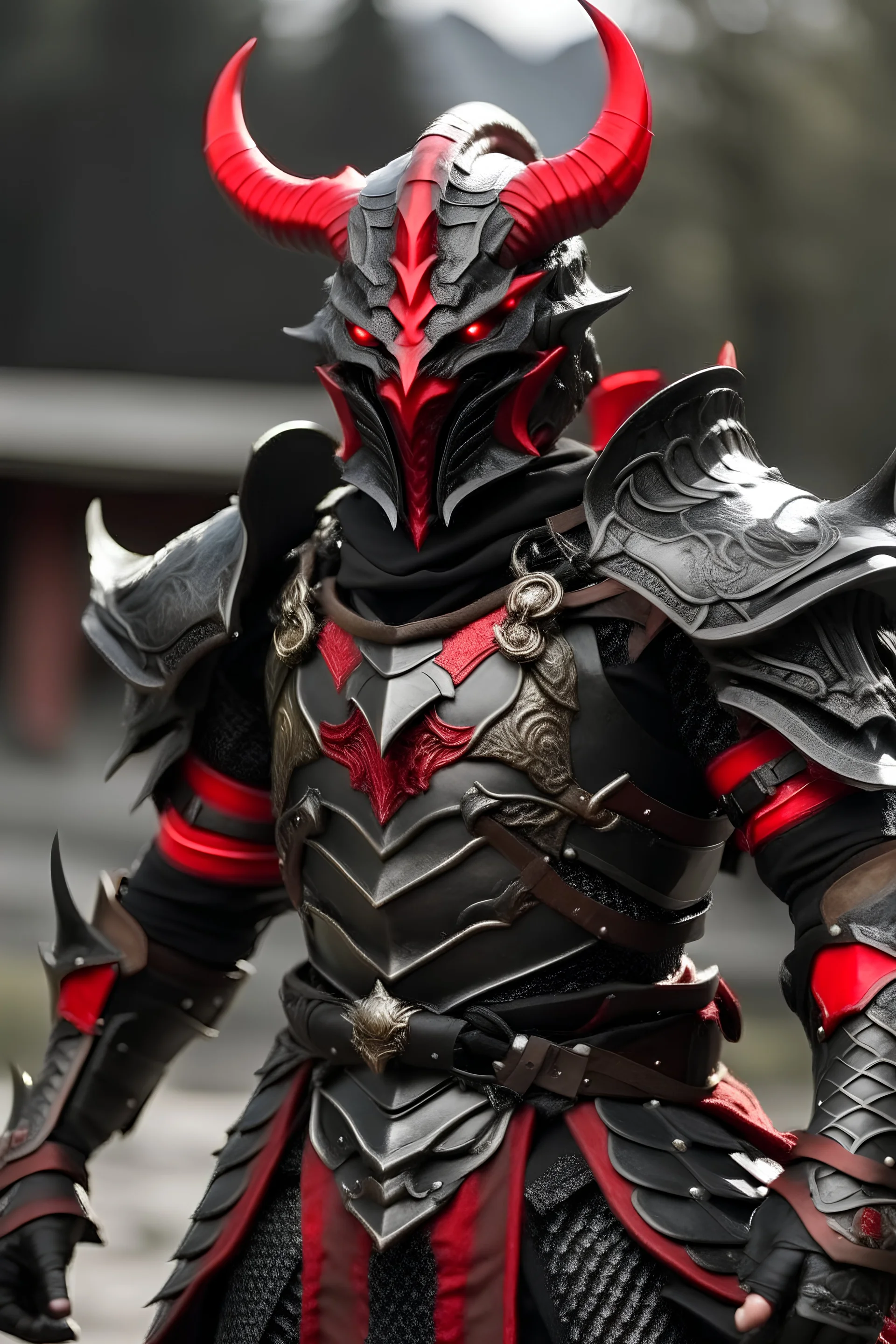 Asian black and red dragonborn in full plate armor