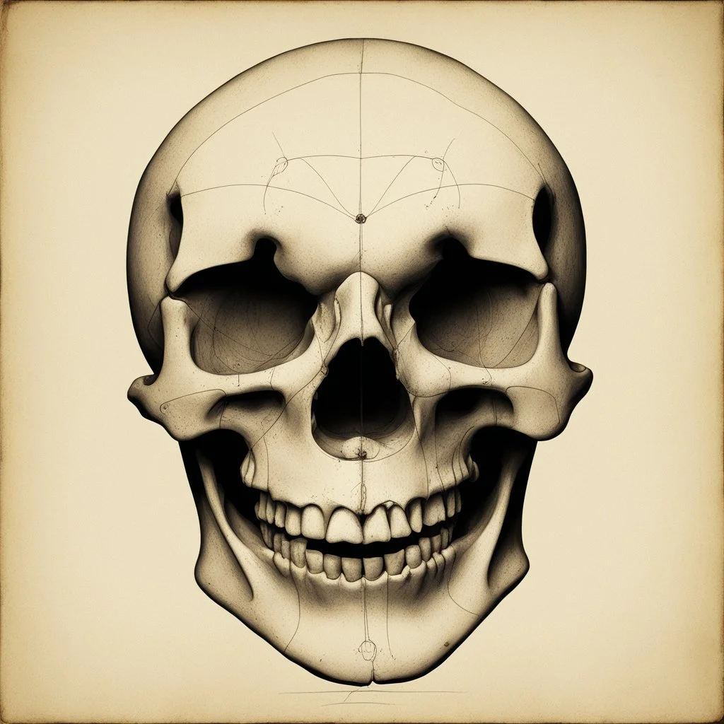 ANATOMICALLY CORRECT digital photograph of the SKULL OF A SMILEY FACE by davinci with fine line,