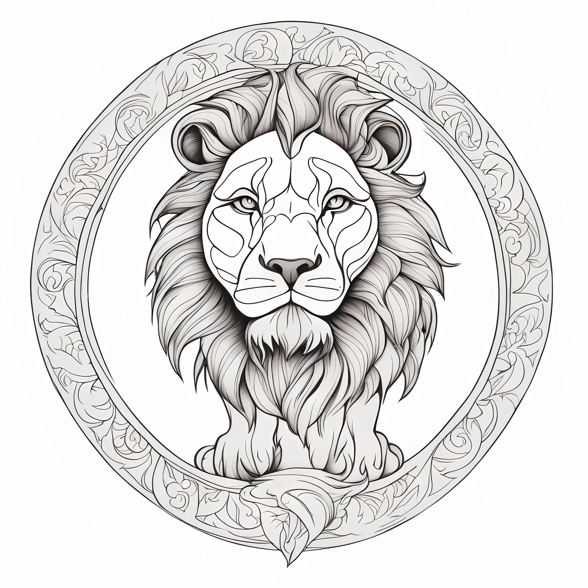 outline art, coloring pages, white Background, sketch style, only use outline, mandala stile, clean line art, white background, no shadow and clear and well, lion