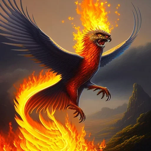 a phoenix with one wing made of water and the other wing made of fire, phoenix bird, realistic, intricately detailed