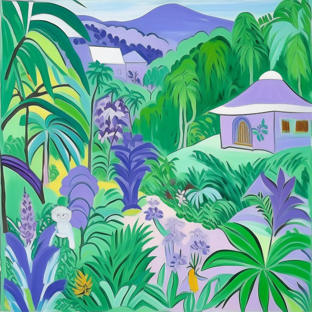 A light purple Hawaiian village in a jungle clearing painted by Henri Matisse