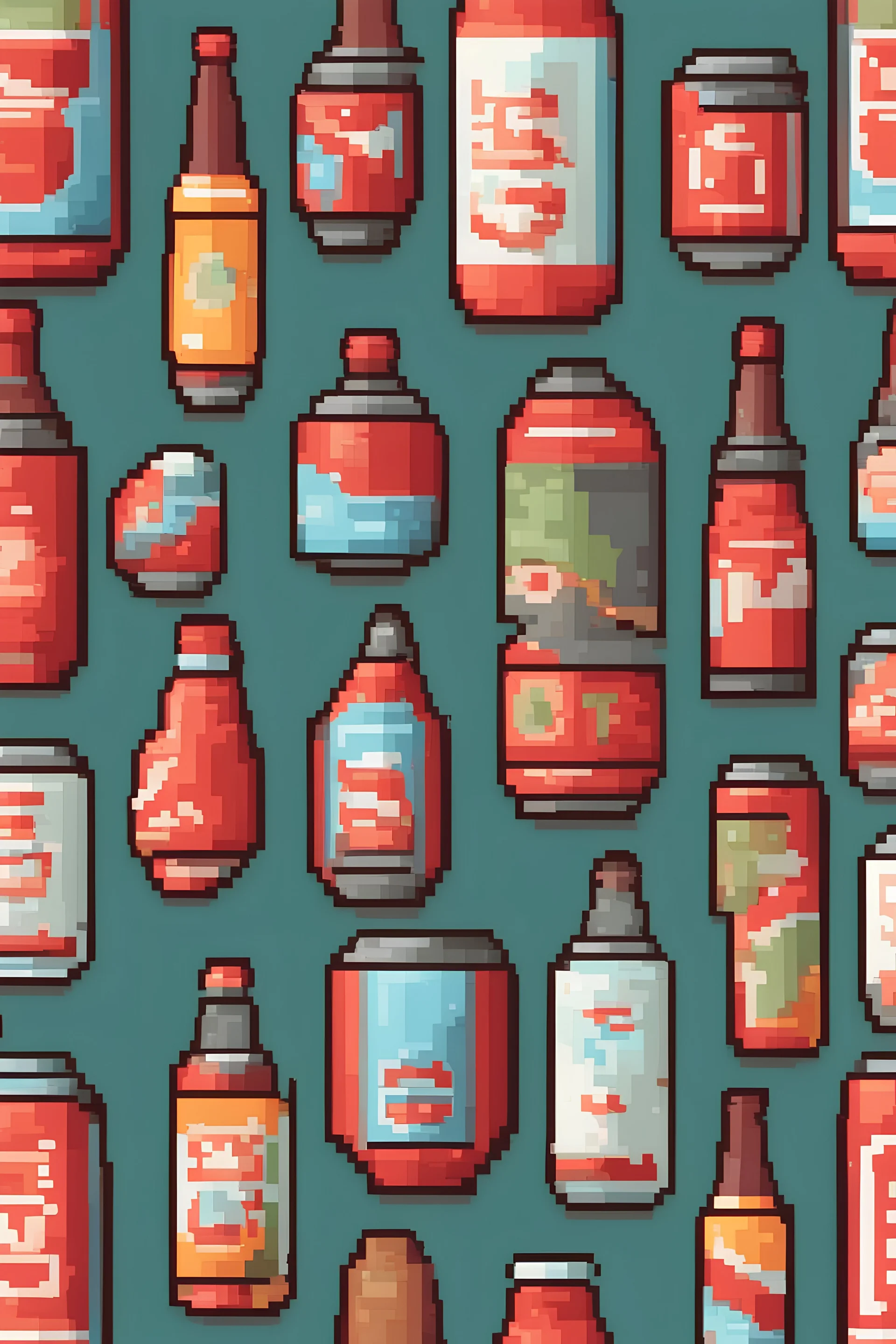 Create a walking soda pop bottle with a funny face, arms, and leg, in a modern pixel art style