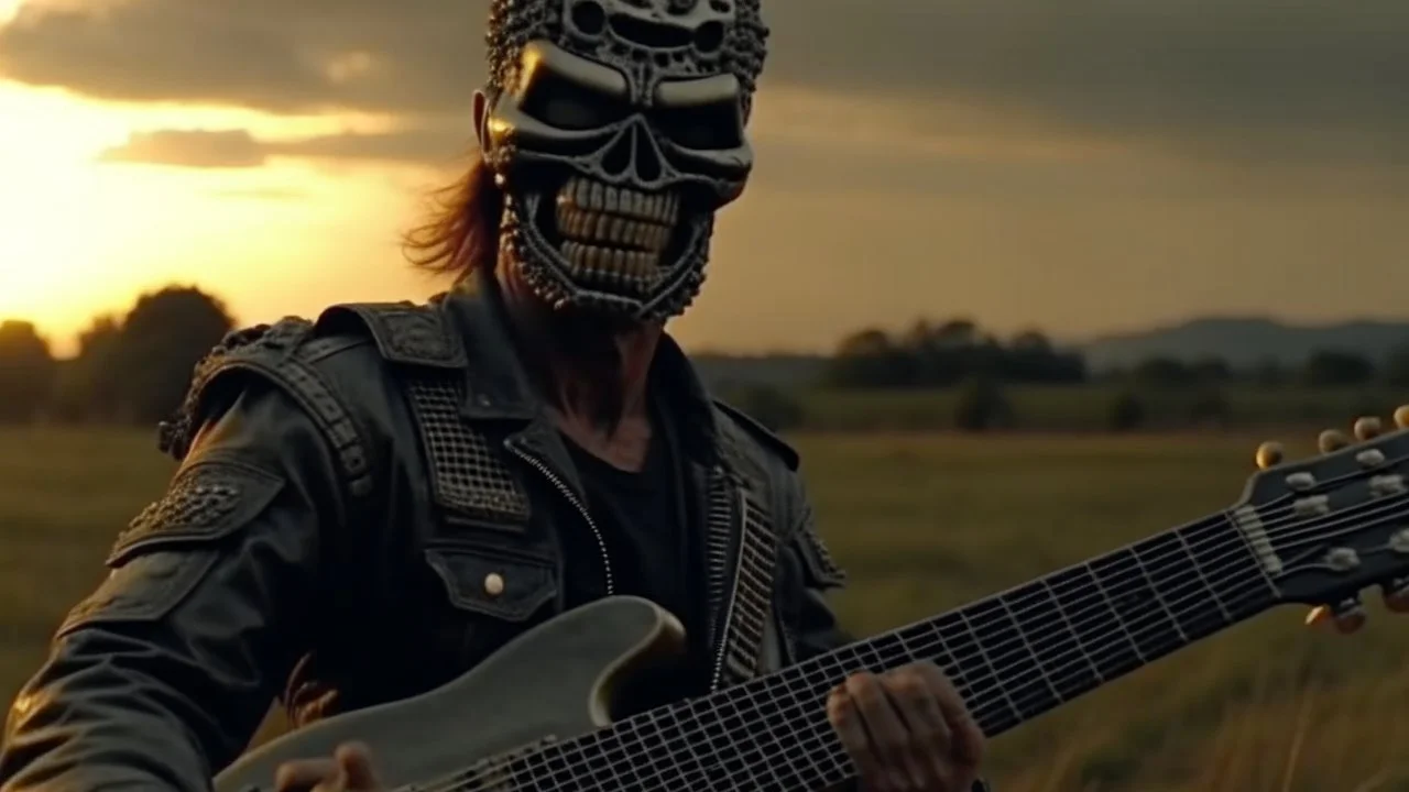 4k full détails terminator playing guitar on a battlefield in Vietnam. Heavy metal style