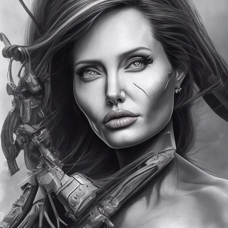 portrait head Angelina Jolie long hairs big bobs Tomb Raider gunshot