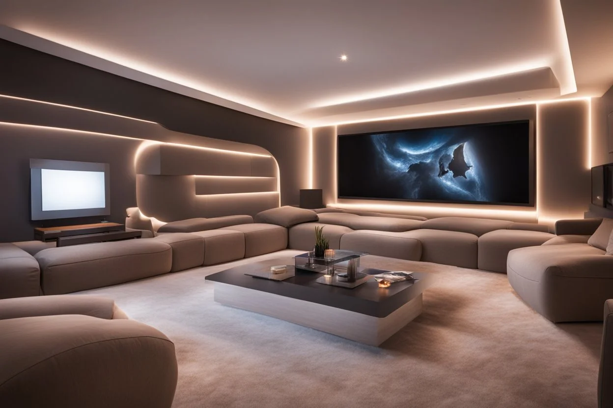 a dedicated home cinema room with LED ambient lighting in the walls