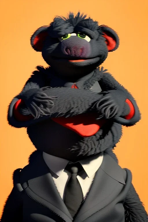 Waist up muppet Portrait, Kim Jong-un muppet doll, black suit, photo studio, red background, unreal engine 5, concept art, art station, ray tracing, lumen lighting, ultra detail, volumetric lighting, 3d.