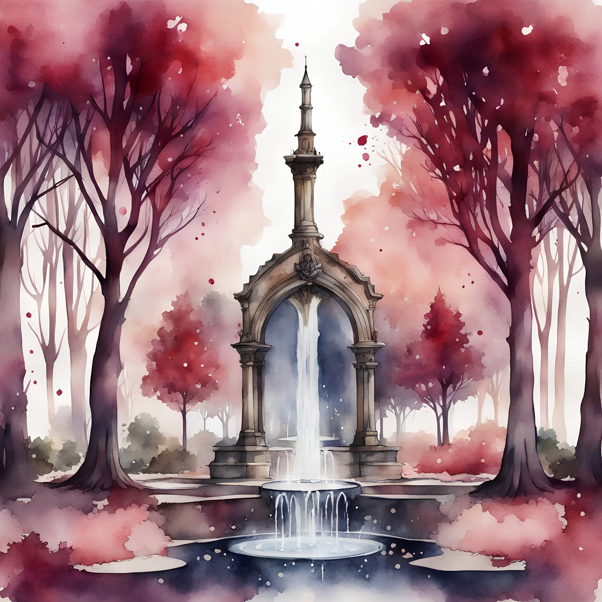 Watercolor burgundy gothic style nature forest with fountain and trees