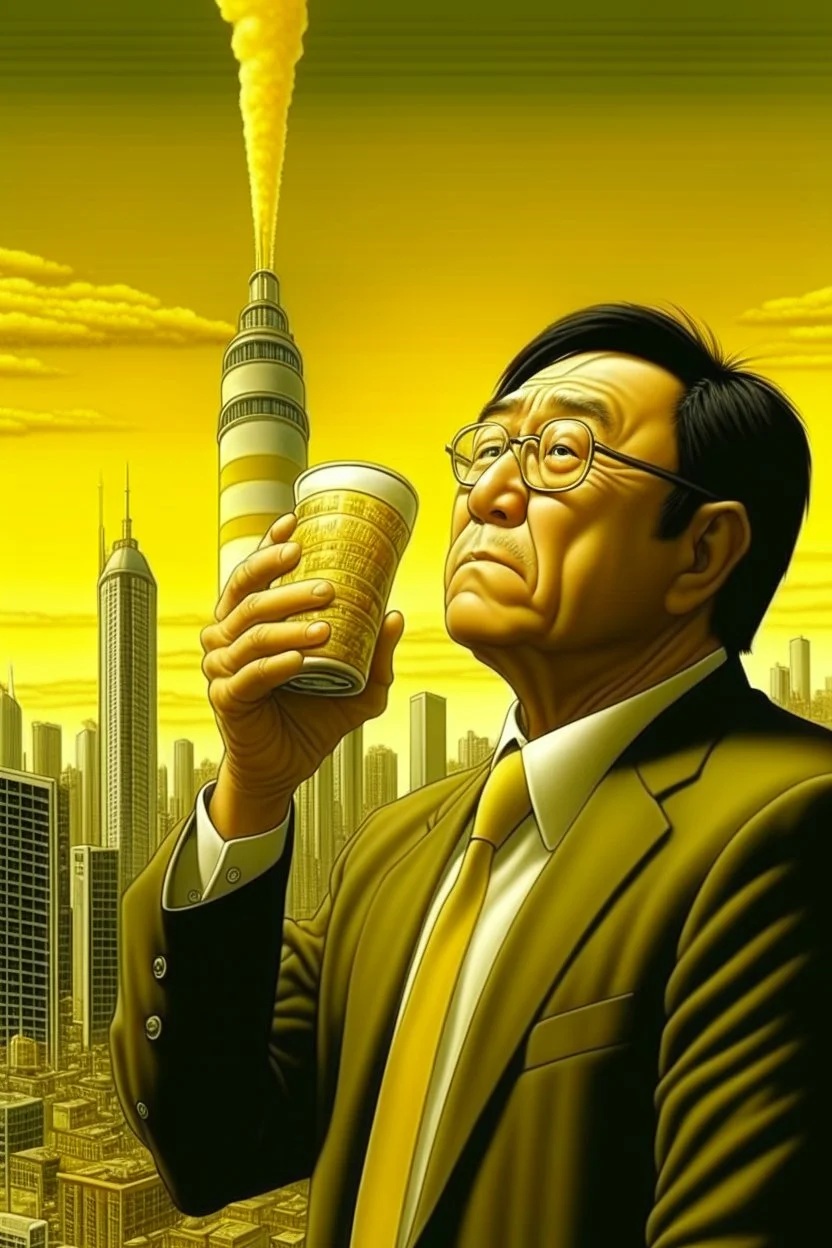 Robert Kiyosaki standing on golden skyskraper drinking milk as helicopters dropping money city burning in background STYLE OF HIROKU OGAI