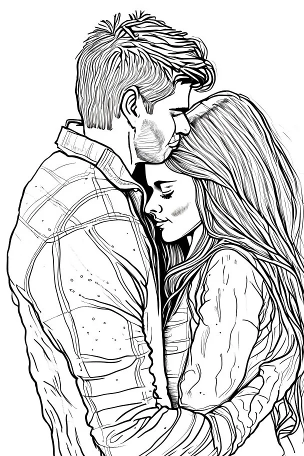 Sketch drawing of couple embrace coloring page